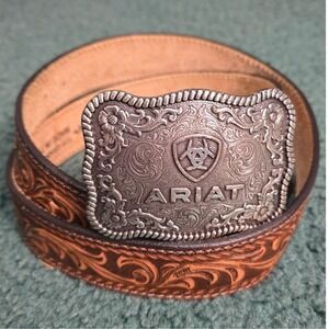 Nocona Mens Brown Tooled Top Grain Leather Western Belt Ariat Buckle 38 USA Made